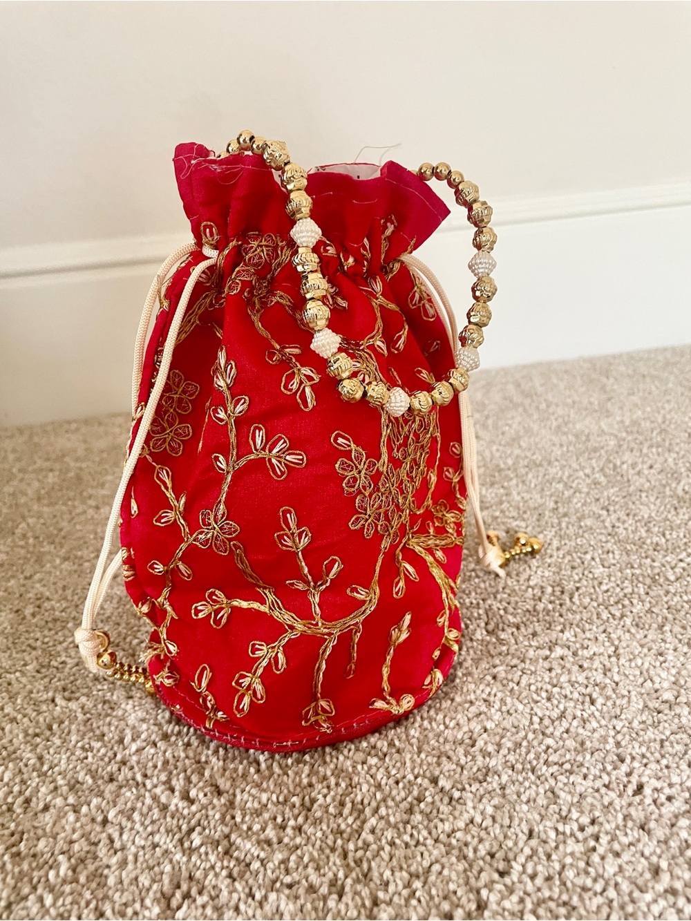 Red Embroidered Drawstring Potli Bag with Beaded Handle